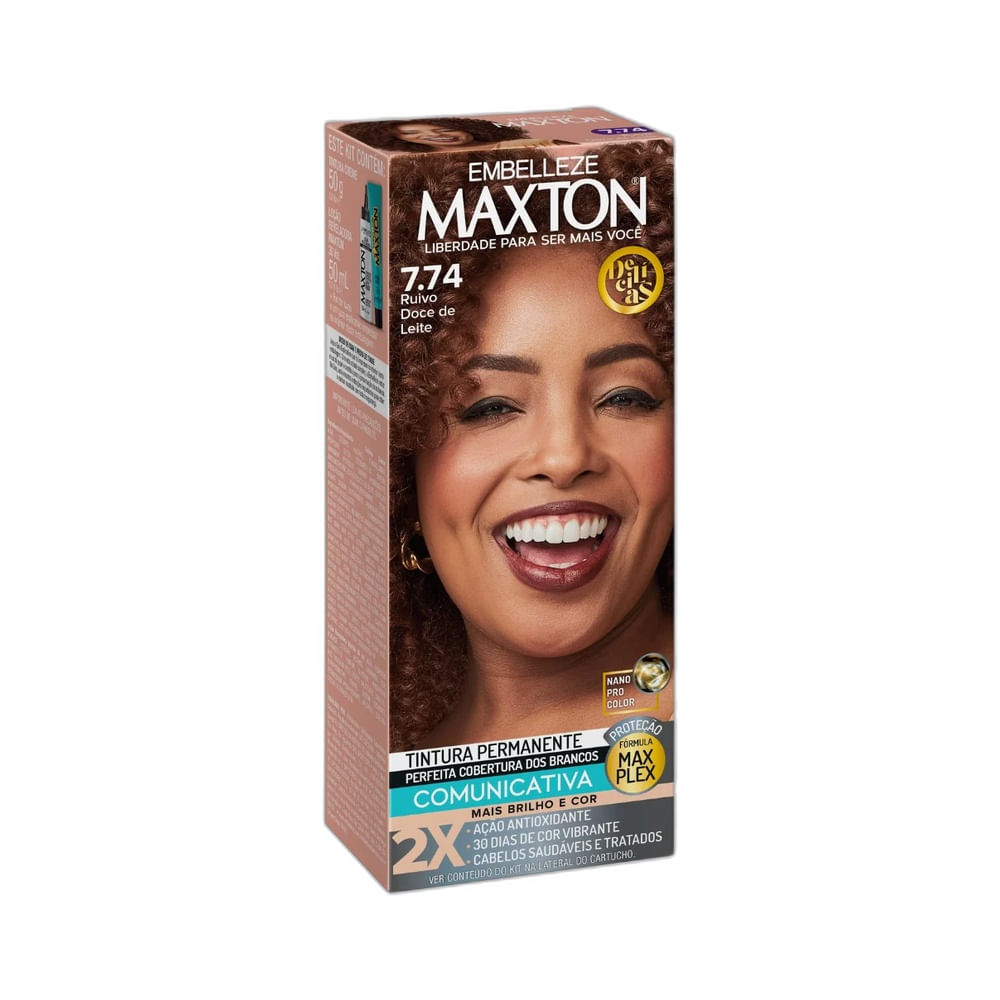 Caixa da Coloração Maxton 7.74 Ruivo Doce de Leite em destaque